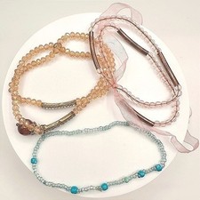 Vintage 90s Beaded Bracelet Set Pink Blue Crystal Beads Gold Tone Accents Boho