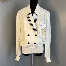 Vintage SideEffects White  Navy Cable Knit Sweater Embroidered Crest L Nautical