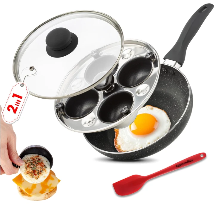2 in 1 Egg Poacher & Fry Pan, Granite Nonstick Skillet with Lid, 4 Cups