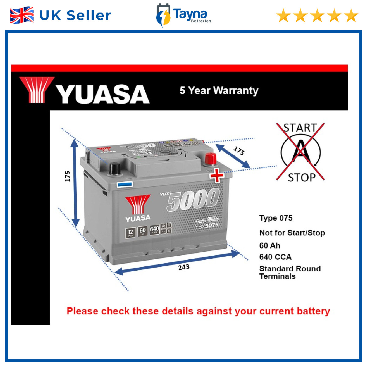 Battery fits SEAT ALHAMBRA AROSA CORDOBA ALTEA LEON INCA IBIZA TOLEDO Yuasa 075