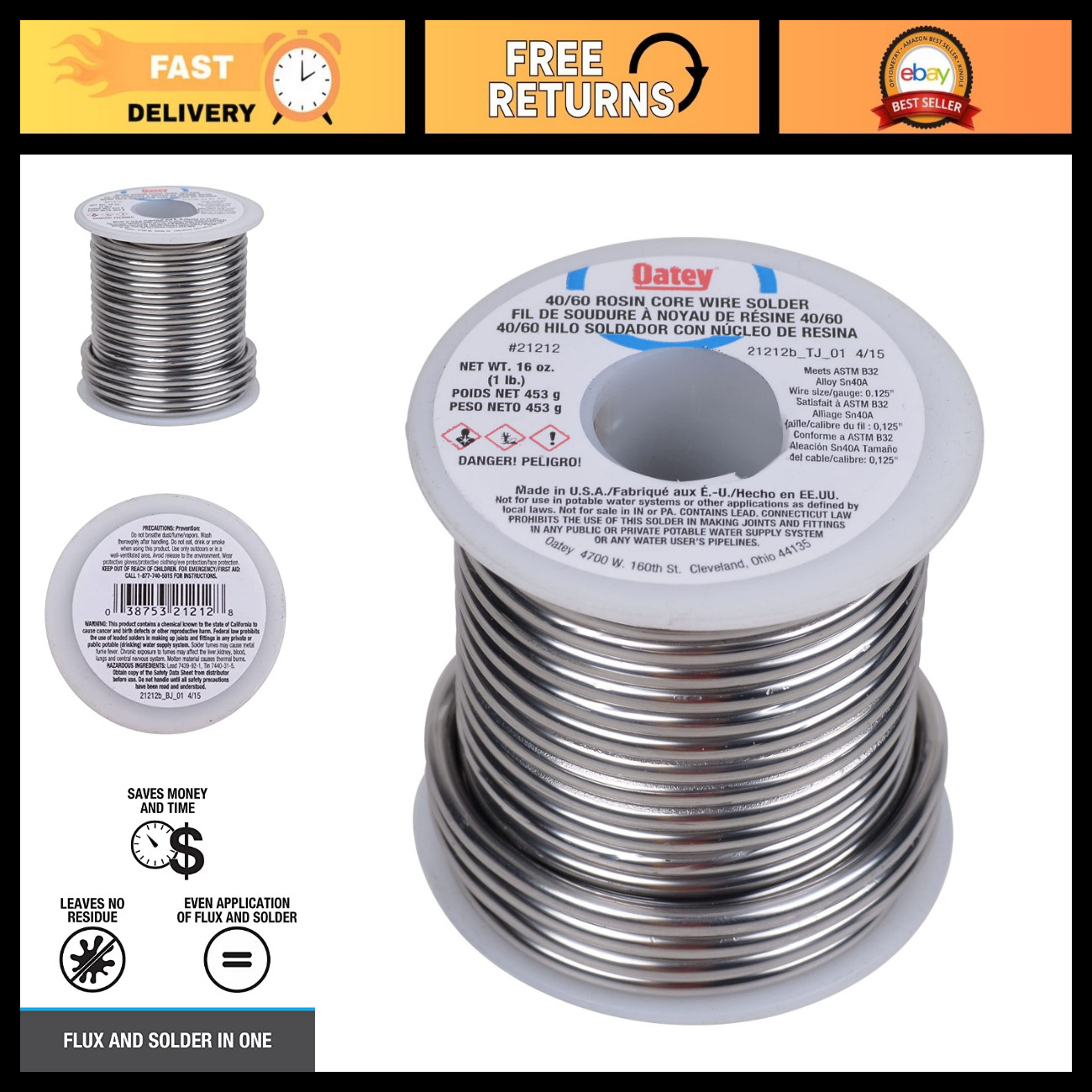 Leaded Core Solder 1/8" Diameter, 1 lb - Rosin Flux, Silvery Grey for Plumbing &