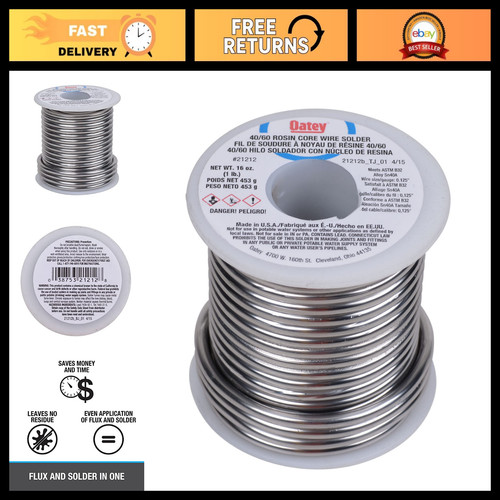 Leaded Core Solder 1/8" Diameter, 1 lb - Rosin Flux, Silvery Grey for Plumbing &