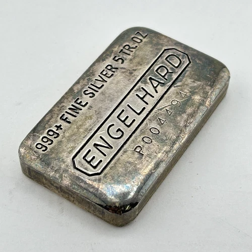 VINTAGE ENGELHARD 5 oz .999 Fine Silver Poured Bullion Bar