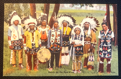 8 Native American Indians Ceremony Dress Headdress Feathers linen postcard  | eBay