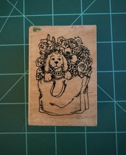 Rubber Stamp- Dog with Bow in a Tote Bag of Flowers Cute Cartoony Style