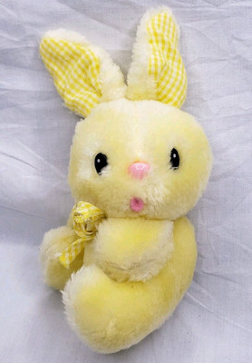 Vintage Gingham Yellow Bunny Rabbit Stuffed Animal Plush 7'' Surprise Expression 