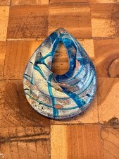 Lampwork Blue with Silver  Gold 52mm Open Teardrop Donut Glass Pendant
