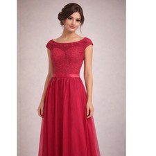 Elegant Lace Cap Sleeve Full Length Evening Gown Hot Pink Formal Dress