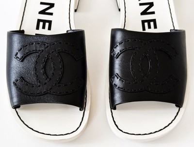 NEW 22S CHANEL BLACK CALFSKIN LEATHER SLIDES MULES SANDALS 37 | eBay