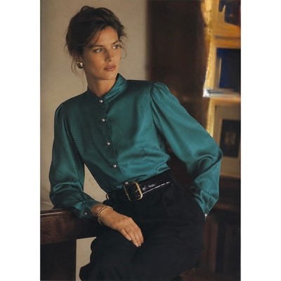 Vintage Teal Satin Jacquard Blouse Made In Japan Pearl Buttons 80s Womens 9/10