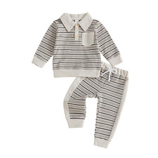 Toddler Boy Fall Outfits Stripe Long Sleeve Lapel Button Pullover  Elastic Wais