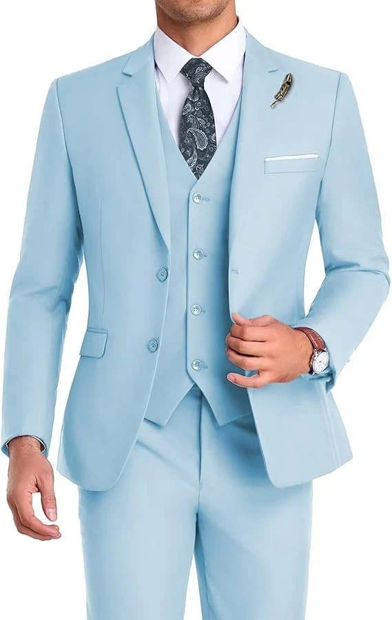 Light blue three-piece men's suit with notch lapels, button-front pockets, and paisley-patterned tie.