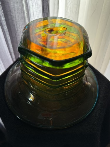 MDINA Vase Glass Blue Amber Maltese Crysal Blue RibStripe VTG MCM - Picture 7 of 7