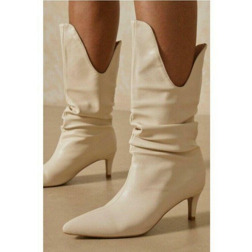 Para mujeres Zapatos de tacón medio de aguja Punta puntiaguda Botas de cuero PU a media pantorrilla