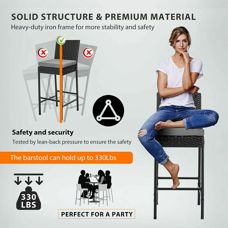 Taburete de bar de mimbre para exteriores 4 piezas taburetes de bar para patio muebles de ratán con cojines negro Foto 4 de 4