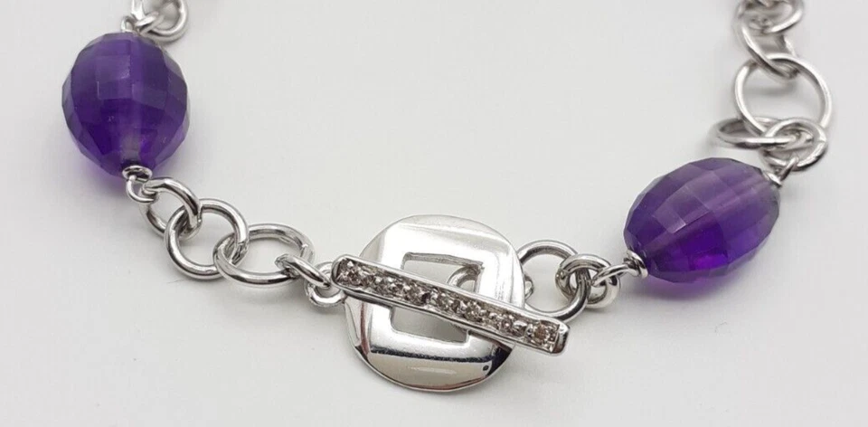 Bracciale Ametista argento 925 diamanti brown gioiello donna catena chiusura a T - Immagine 2 di 4