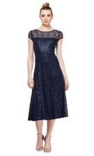 SLNY Tea Length Sequin Lace Dress Navy Sz 12P NEW NWT 