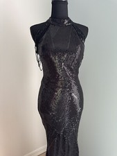 Miss ORD Formal Halter Black Sequin Beaded Shoulder Maxi Cocktail Dress Size S