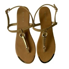 Top Moda Sandals Womens 10 Camel T-Strap Gold Crystal Embellished Goddess Shoes