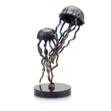 Unique Brass And Marble Two Jellyfish Swimming Together On Base Wonderful Statue