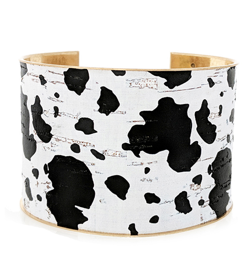 Rustic Black and White Cow Print Wide Bangle Bracelet for