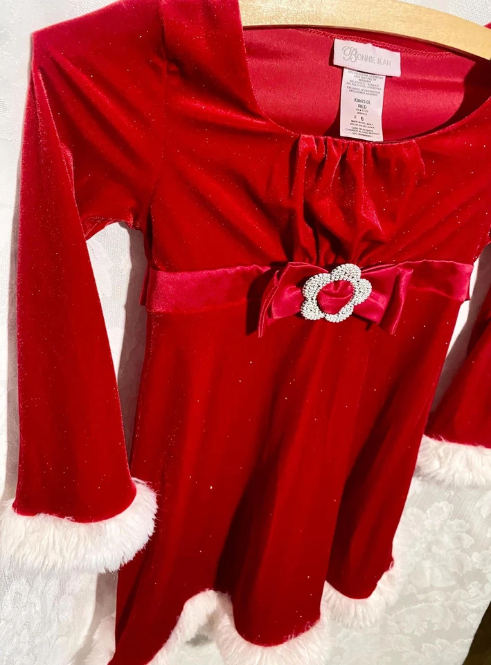 Vestido rojo de Navidad con lazo y ribete de piel Bonnie Jean niñas talla 6 Foto 3 de 4