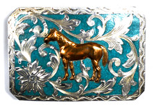 Mexico 900 Silver Bronze Horse Chip Turquoise Inlay Belt Buckle 2.25" x 3.25"
