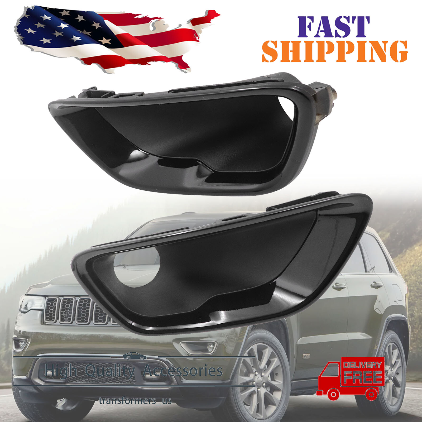Black Left+Right Fog Light Lamp Cover Bezel For 2017 18-2021 Jeep Grand Cherokee