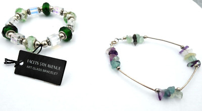 Facets 5th Avenue Art Glass Stretch Bracelet & Stone Silvertone Bracelet Pair