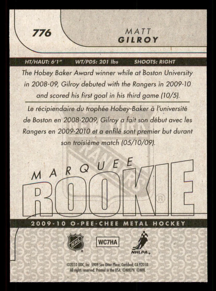 2009-10 O-Pee-Chee #776 Matt Gilroy New York Rangers RC - Image 2 of 2