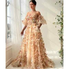 Champagne 3D Colorful Flower Wedding Dress off Shoulder Vest Sweeping Traindress