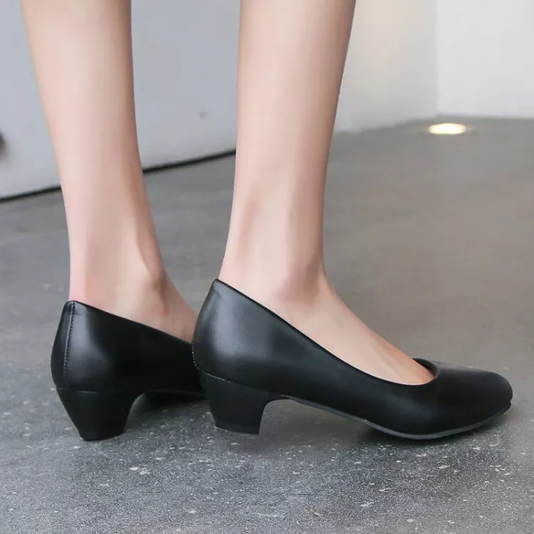 OFFICE Mindy Toe Cap Low Point Heels Black Leather With Patent Toe Cap -  Women's Work Shoes