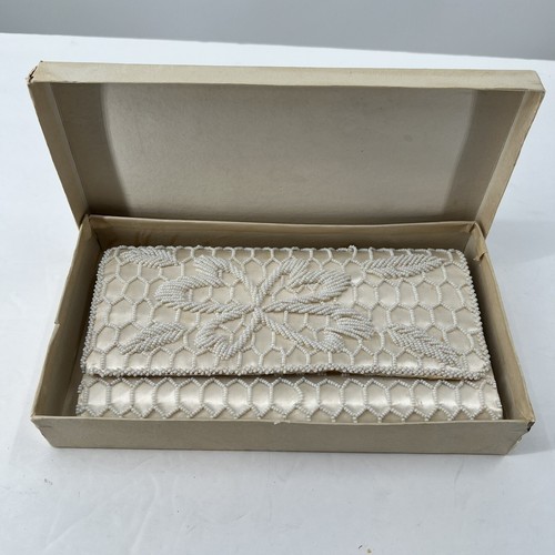VTG Hoag White Satin Beaded Evening Clutch Purse Wedding Classy Party Prom