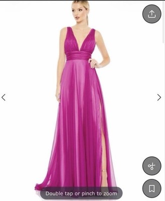 Mac Duggal Fuchsia Pink Chiffon V Neck Slit Maxi Formal Gown Dress Size 2 NWT