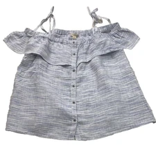 Lucky Brand Womens Linen Top Sz L Blue Shoulder Ties Chest Ruffle Button Up