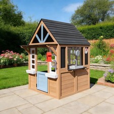 Kids Wooden Playhouse with Bench,Play Kitchen,Chalkboard,Flowerpot,Birdcage