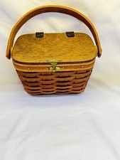 Vtg Wooden Woven Basket w/ Leather Hinged Lid W/ Swing Handle Small Rectangular