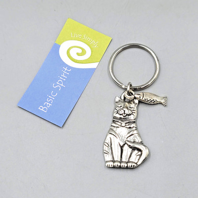 Basic Spirit Live Simply Cat Fish Pewter Keychain Key Ring Silver Tone NWT