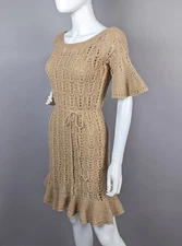 Vtg Y2K Moda International Tan Crochet Dress Bell Sleeve Fairy Beach Boho Small