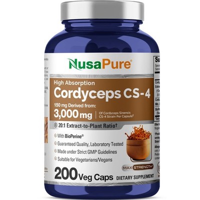 NusaPure Cordyceps 20:1 Extract, 150 mg Equivalent to 3,000mg 200 Veggie Capsule