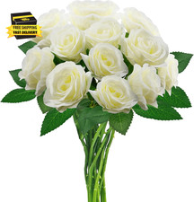 White Artificial Roses with Long Stems, 12Pcs Realistic Roses Artificial Flowers