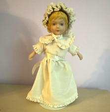 Porcelain Girl Doll Blonde Straight Hair Blue Eyes White Dress Bonnet Stand