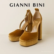 Gianni Bini ‘Runway’ Gold Velvet Platform Heels Women’s 8.5M | Ankle Strap High