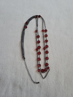 2 Strands Gunmetal Bezel Set Red Rhinestone Discs Long Necklace