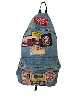 Authentic Design Quality Garment Denim Backpack with Patches Blue Distressed