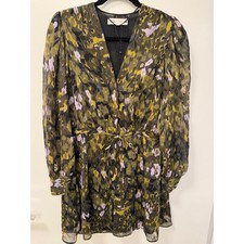Zara Mini Dress Women's Medium Green Floral Print Lined Tie Waist Minimalist