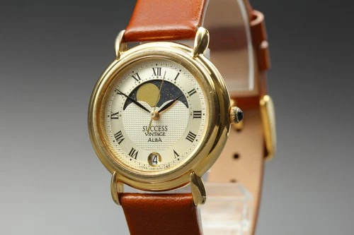 Vintage 1999 [Near MINT] Seiko Alba V338-6090 Moon Phase Roman Quartz Men Watch