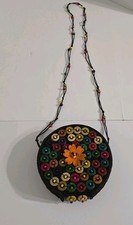 Coconut Shell Round Woven Beach Purse Shoulder Beaded 2 Zipper Compartments