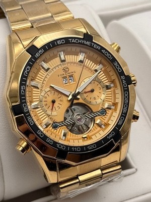 Forsining Automatik Chrono-Style Herrenuhr Mechanisch Edelstahl Gold Datum