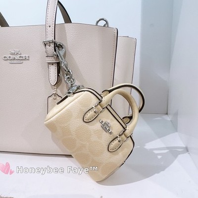 NWT COACH Mini Rowan Bag Charm Signature Canvas CX068 Silver /Hay